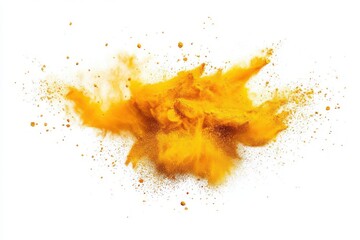 Yellow powder explosion on white background