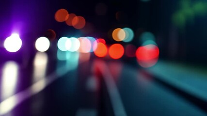 Poster - Blurred City Lights at Night: Abstract cityscape bokeh, with vibrant streaks of light from passing vehicles create a dazzling show across a dark expanse.
