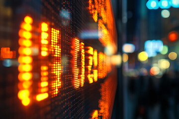 Poster - Close-up of an orange LED display at night, showing blurred numbers.  Represents dynamism, information, and urban nightlife.  Perfect for technology or finance concepts.