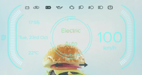 Poster - Electric car data overlay with burger and futuristic digital dashboard elements