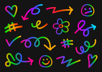 Neon doodle set. Colorful hand-drawn symbols on black background. Bright rainbow scribbles. Vector elements.