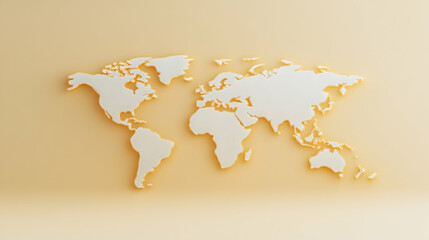 minimalist world map relief on a pale yellow backdrop, global geography representation