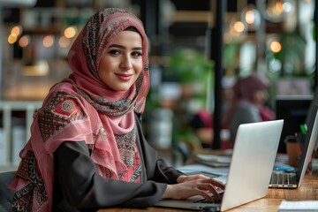 Poster - Portrait of a cheerful Middle Eastern manager at a desk in a modern office, with a young stylish woman using a laptop in a marketing agency.