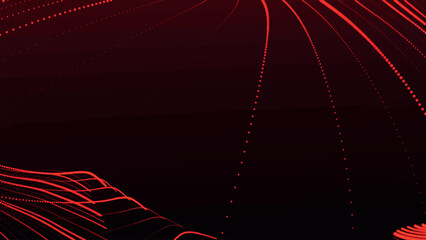Poster - Dynamic wave of glowing particles. Abstract dotted lines on dark background. Chaotic colored lines. Motion effect. Vector illustration