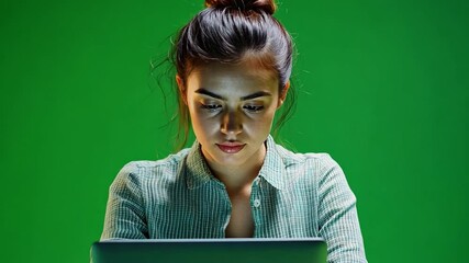 Poster - Focused Professional: A skilled young woman is absorbed in work, illuminated by the glow of her laptop screen, creating a dynamic atmosphere. This image embodies professionalism and determination.