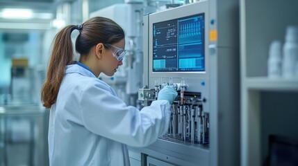 a researcher using a gas chromatograph to separate chemical compounds in a laboratory, with digital 