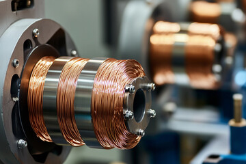 Fototapete - Close-up of electric motor production process with copper wire Generative AI