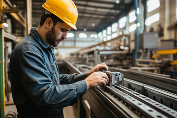 Poster - Factory worker inspects metal components in manufacturing area Generative AI