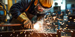 © plysuikvv - Metalworker grinds metal with sparks flying in workshop Generative AI