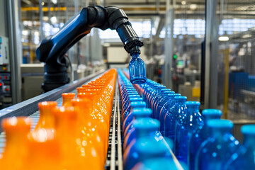 Fototapete - Robotic arm places bottles during automated packaging process Generative AI