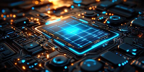 Poster - Close-up view of a modern circuit board with glowing elements and intricate patterns in a tech environment
