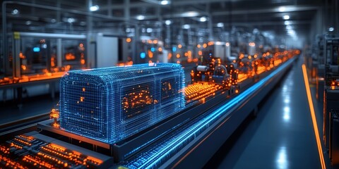 Poster - Manufacturing facility showcases advanced automation with glowing digital representations of products on conveyor belts