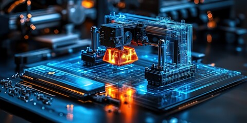 Poster - Advanced 3D printing technology in a modern workshop during evening hours showcasing intricate design processes