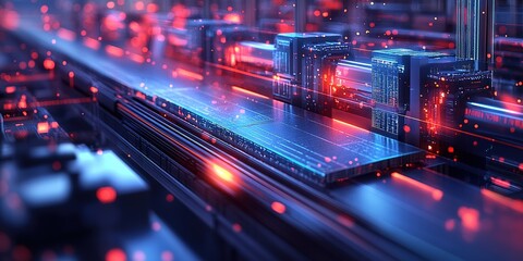Poster - Futuristic digital landscape with glowing data streams and interconnected nodes at night