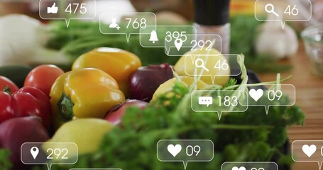 Poster - Animation of fresh vegetables with social media notification icons overlaying scene