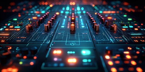 Poster - Colorful electronic control panel with knobs and lights glowing at night