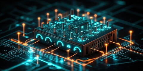 Poster - Innovative circuit board with glowing connections and intricate designs displayed on a dark surface at night