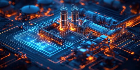 Poster - Industrial facility with advanced technology glowing in blue and orange tones at night