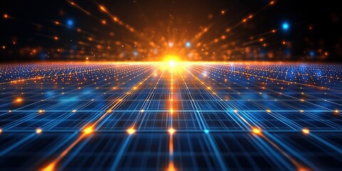 Poster - Digital grid with shimmering lights radiating from a core in a futuristic landscape