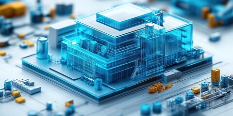 Poster - Advanced manufacturing facility model showcasing smart technologies and innovative designs in a futuristic industrial setting