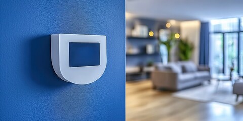 Poster - Modern smart thermostat installed on blue wall in contemporary living room with cozy furnishings and natural light