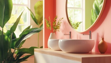 Poster - Modern And Clean Bathroom With Large Mirror, Two Sinks, And Decorative Plants. Elegant Vase Adds A Touch Of Glamour. 3d Rendering.