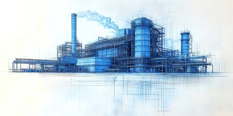 Poster - Detailed industrial facility design featuring blueprints and smokestacks illustrating modern engineering concepts