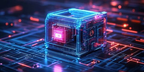 Poster - Digital technology cube with glowing circuitry in futuristic environment at night