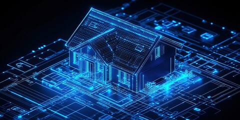 Poster - Digital representation of futuristic house design with blueprint layout in glowing blue