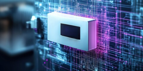 Poster - Modern technology interface on electronic wall with vibrant illumination and circuit patterns