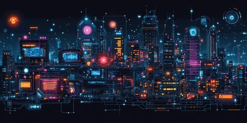 Poster - Futuristic digital city skyline at night with vibrant colors and glowing elements