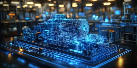 Poster - Complex machine model displayed in a high-tech manufacturing facility with blue holographic projections