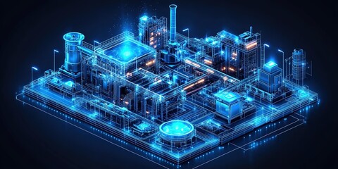 Poster - Industrial complex in futuristic digital blueprint highlighting connectivity and advanced technology features