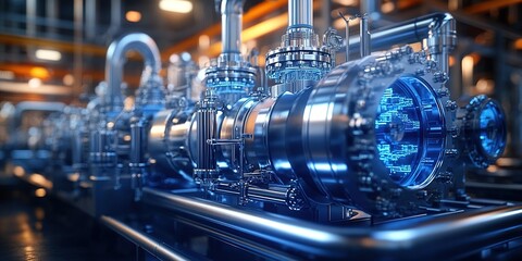 Poster - Industrial machinery with advanced technology and glowing elements in a modern factory setting during daytime