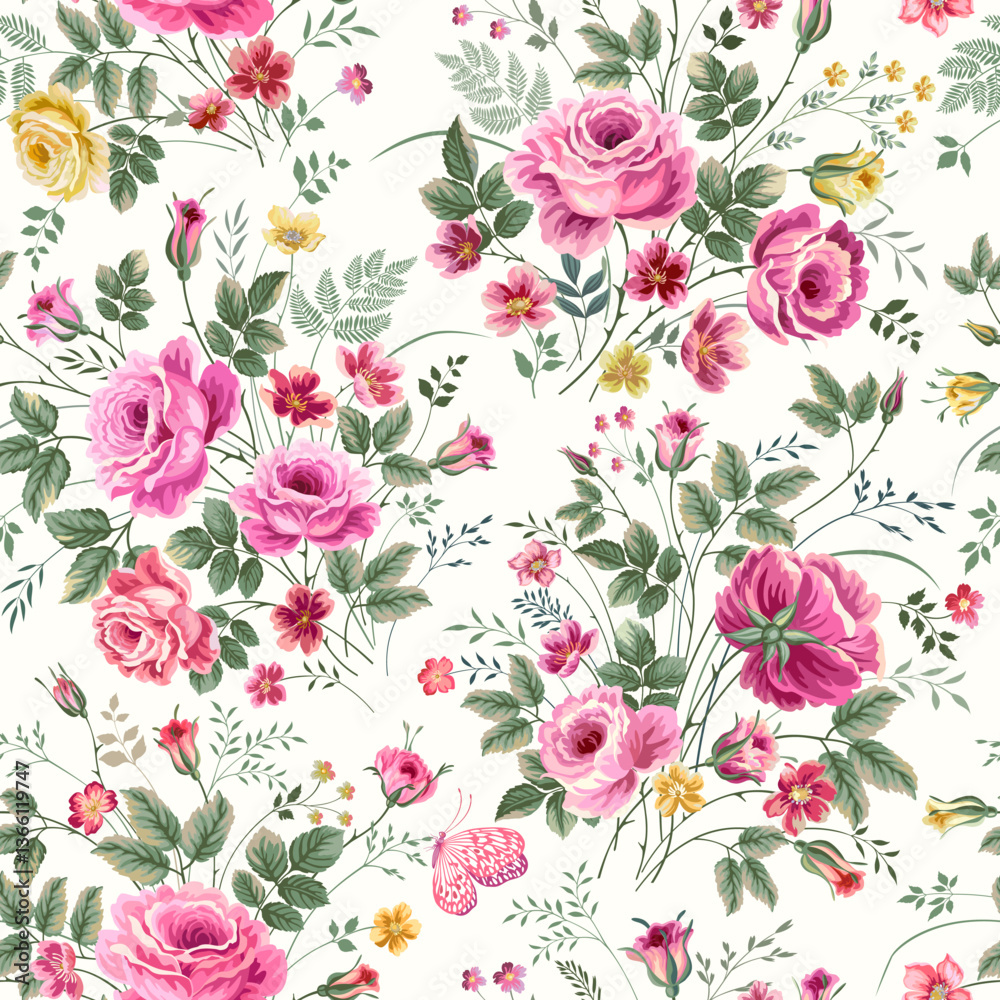 seamless floral pattern with rose bouquet on white background.eps Stock ...