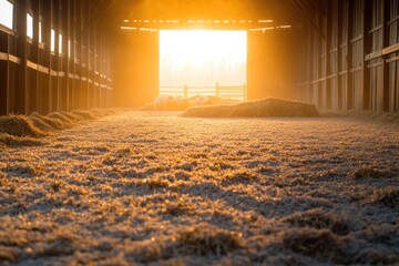 Poster - serene scene of frosted barn interior at dawn with warm hay and newly birthed animals visible in light creating perfect