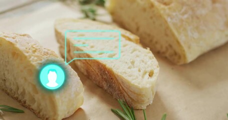 Poster - Sliced bread with digital chat icon animation over rosemary sprigs