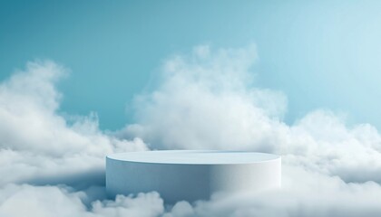Poster - Realistic White Podium Floating In Clouds Or Smoke: Mockup For Product Display In Abstract Stage With Blue Sky Background
