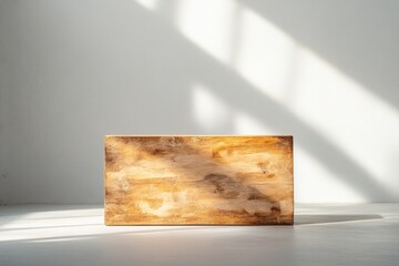 Poster - wooden podium with intricate handcrafted details illuminated by natural lighting in studio with ample copy space