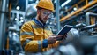 © กาซือมะ สาและ - A technician performing maintenance on a machine in a smart factory, using a tablet to track performance metrics and diagnostics