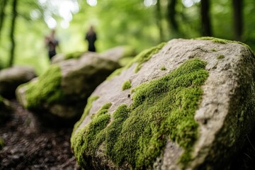 Poster - capture close-up of moss-covered stones in forest setting with blurred figures in background providing sense of scale