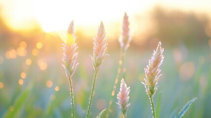 Poster - dew-covered shoots glistening in early morning sun creating vibrant and fresh visual against blurred backdrop