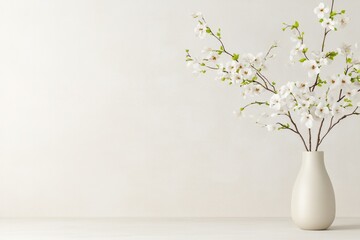 Poster - elegant floral arrangement in minimalistic vase on plain light-colored background with copy space