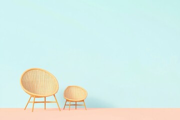 Poster - flat design illustration showcasing neatly arranged set of wicker furniture pieces against monochrom