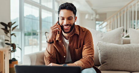 Aufkleber - Phone call, smile and man with laptop, conversation and freelancer with invoice for contact or house. Remote work, graphic designer and person with tech for communication, discussion and payment term