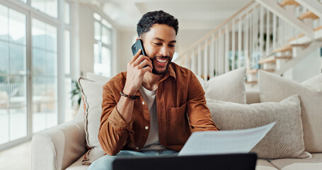 Leinwandbilder - Phone call, home and man with paperwork, laptop and freelancer with invoice for contact and business. Remote work, graphic designer and person with tech for communication, discussion and payment term