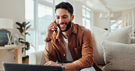 Aufkleber - Phone call, home and man with laptop, conversation and freelancer with invoice for contact and happy. Remote work, graphic designer and person with tech for communication, discussion and payment term