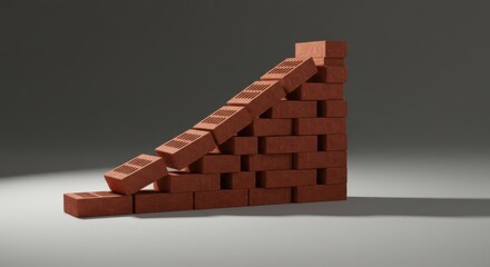 Poster - Partially constructed brick wall on a gray surface, with some bricks forming a diagonal slope