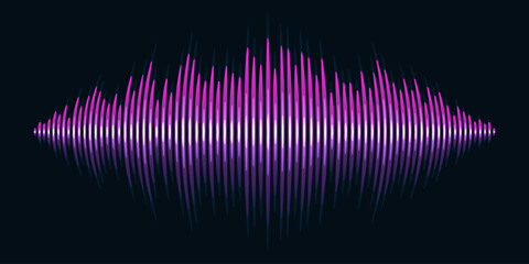 Poster - Sound wave music equalizer neon symbols. Reflective light bloat effect pink purple glow soundwave on dark background.