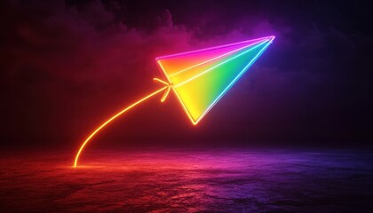 Aufkleber - Abstract Neon Rainbow Kite Glowing on Dark Field Under Night Sky with Stars Illuminating Dreamlike Artistic Landscape
